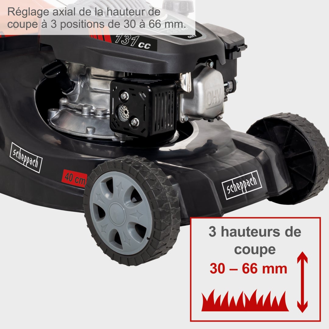 Scheppach Tondeuse à gazon à essence MP132-40 - 3,3 CV - 2400 W - Largeur de coupe 40 cm - Bac 35 L - Hauteur de coupe réglable - Huile incluse - 2