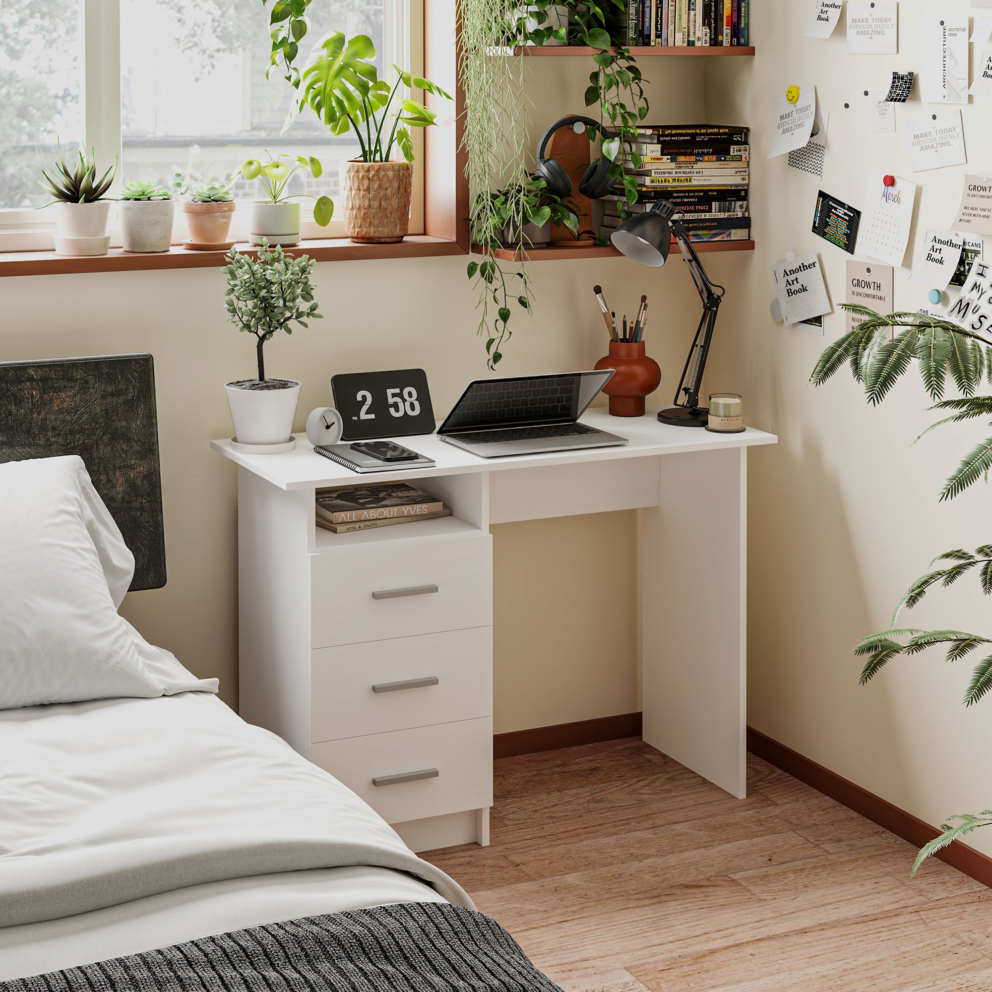 HOMCOM Scrivania Moderna in Legno con 3 Cassetti e Ripiano Aperto, 100x40x75 cm, Bianca e Marrone - 2