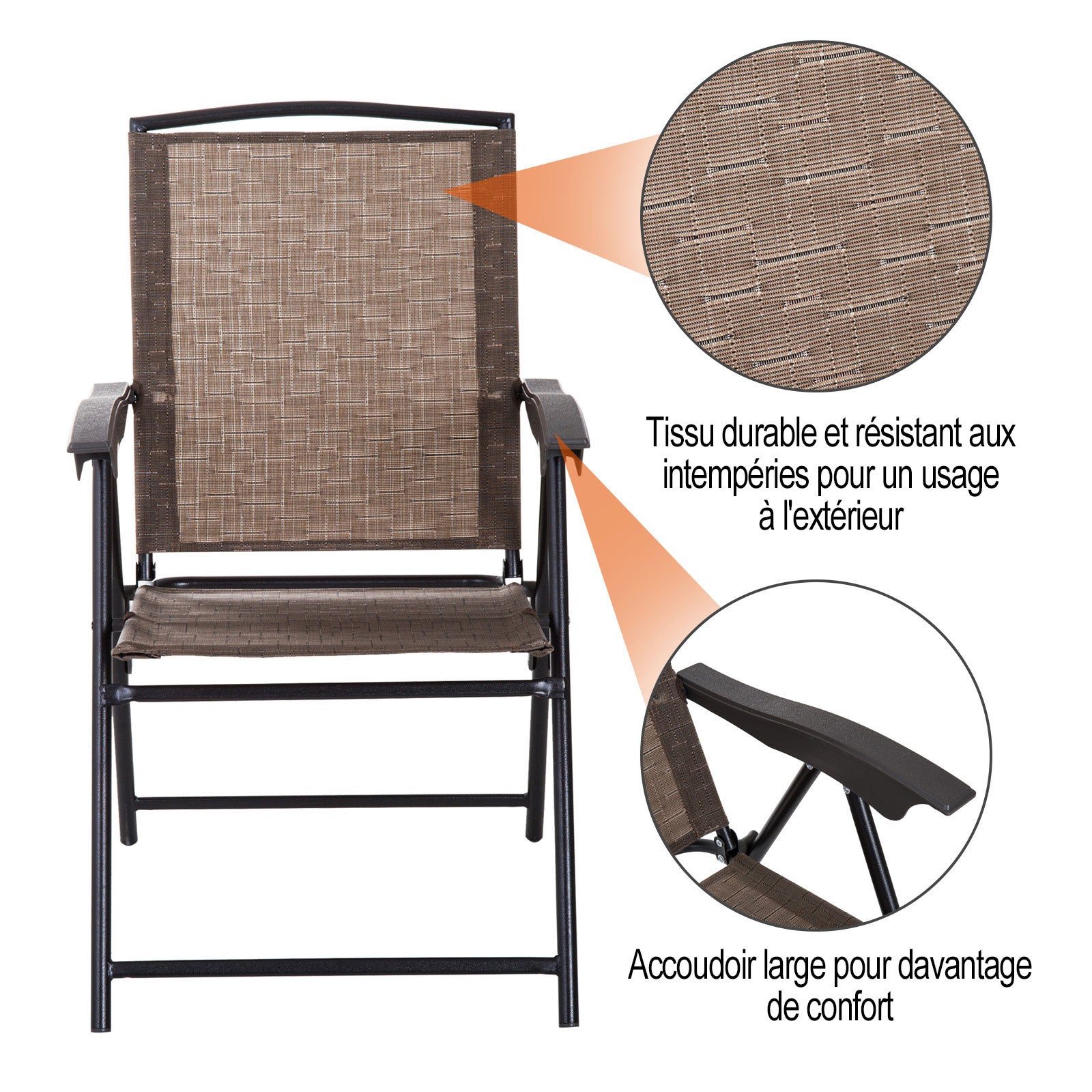 Ensemble Jardin 3 pièces : 2 chaises inclinables multi-positions pliables + table ronde verre trempé, métal/textilène, chocolat. - 8