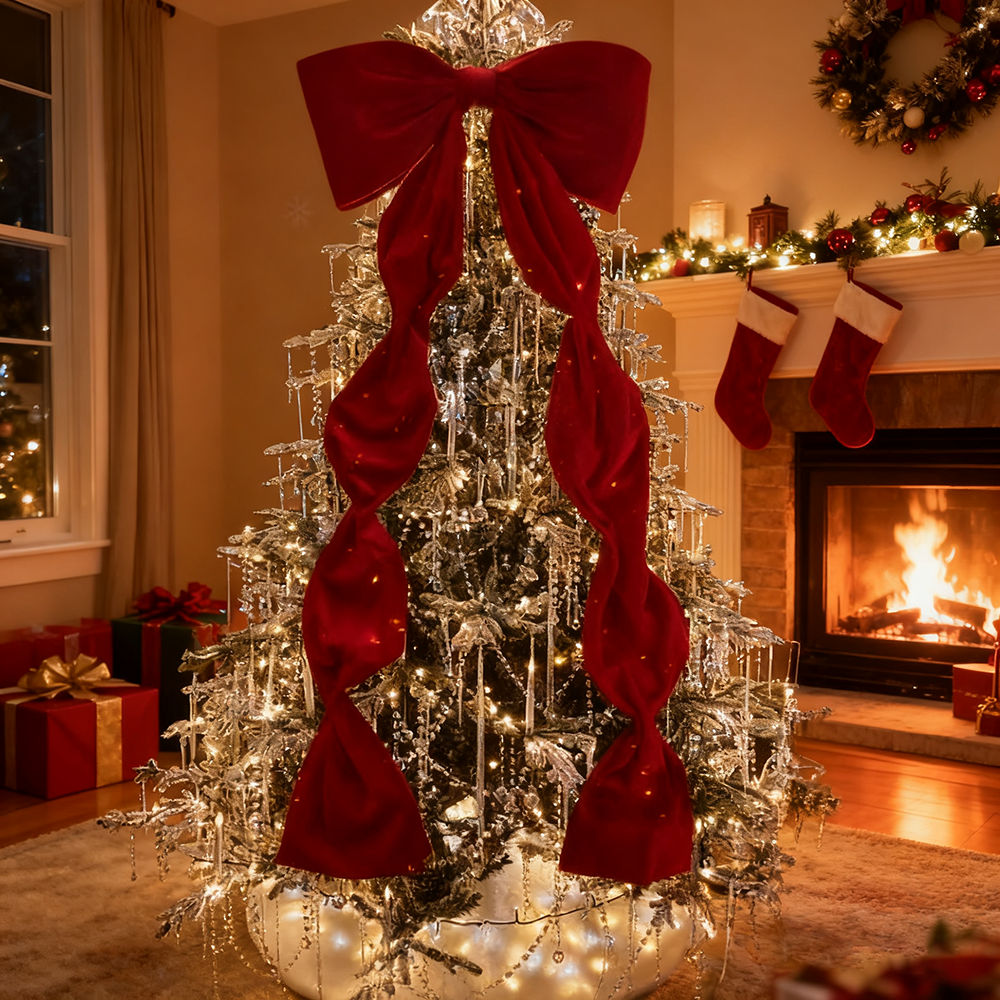 Décoration de Noël, grands nœuds de sapin de Noël, nœud en velours rouge pour décoration de sapin de Noël, mariages, fêtes, 180 cm x 50 cm - 2