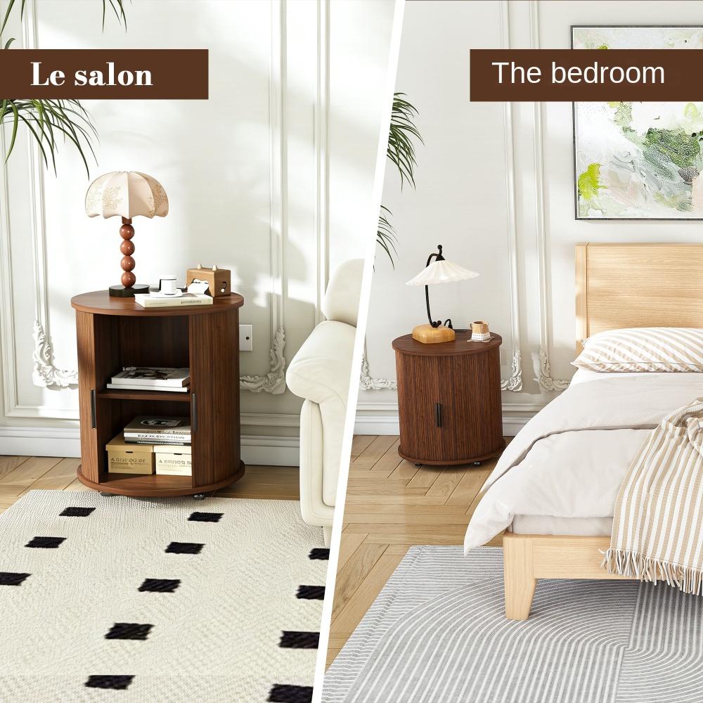Table de Chevet Cylindrique Mid-Century avec Station de Charge (Prise + 2 USB), Porte Coulissante et Rangement - 6