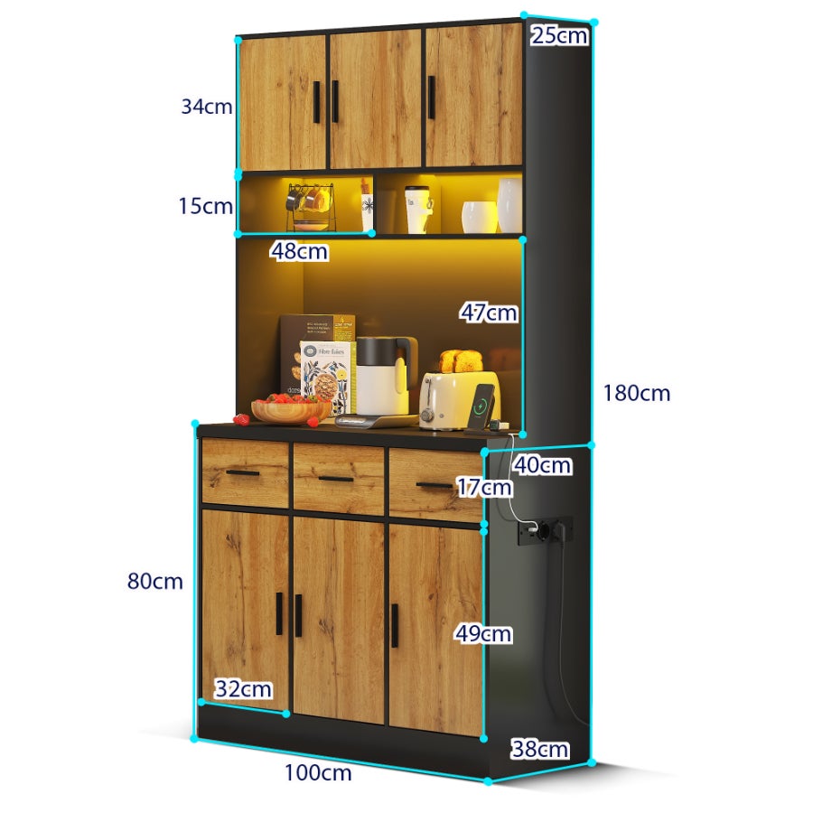Buffet Multifonctionnel avec LED, Naturel + Noir,Télécommande, Espace de Rangement et Prises USB - 180x100x40cm, pour Cuisine et Salle à Manger - 6