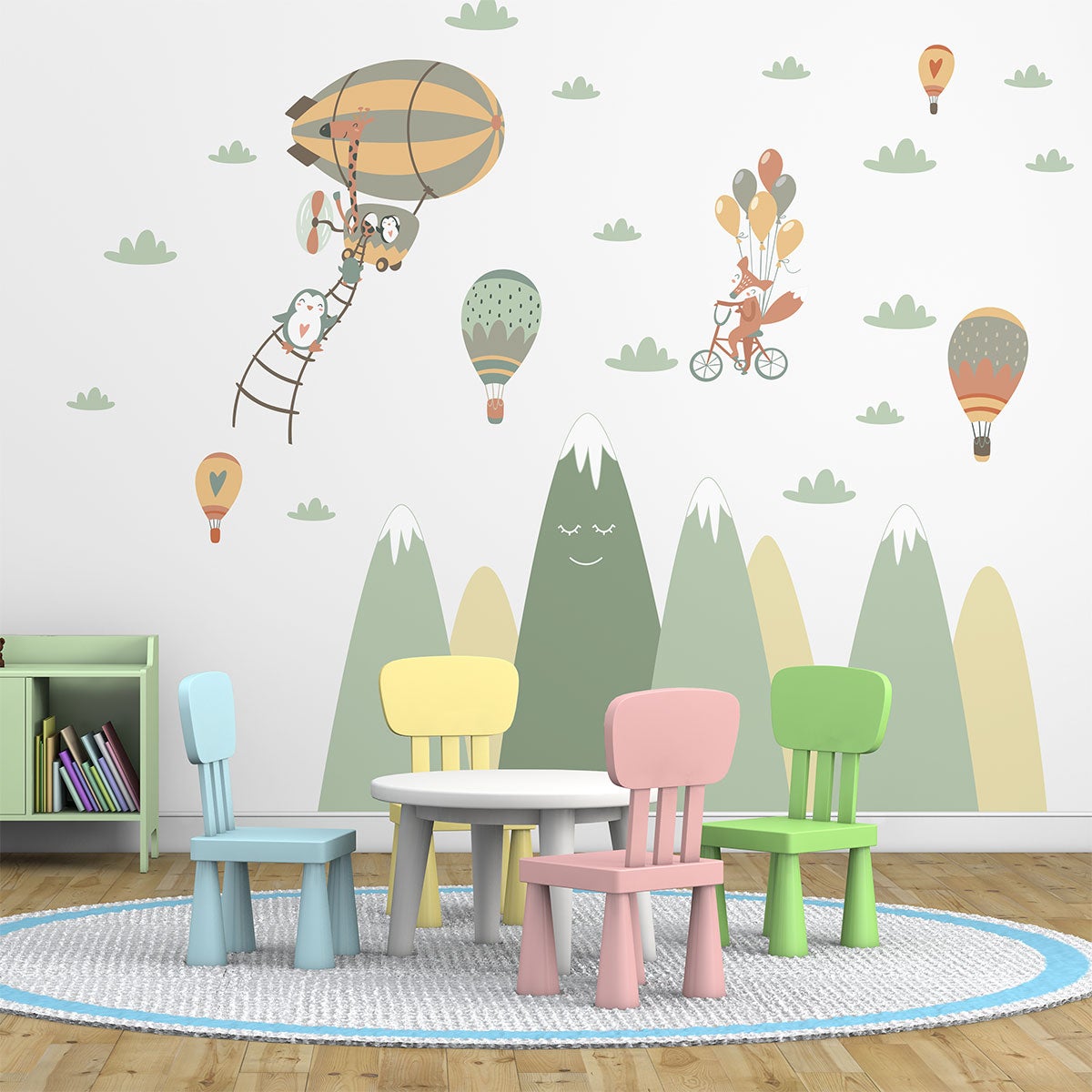 Vinilo niño escandinavo de montaña animales en el cielo - adhesivo de pared - revestimiento sticker mural decorativo - 120x180cm