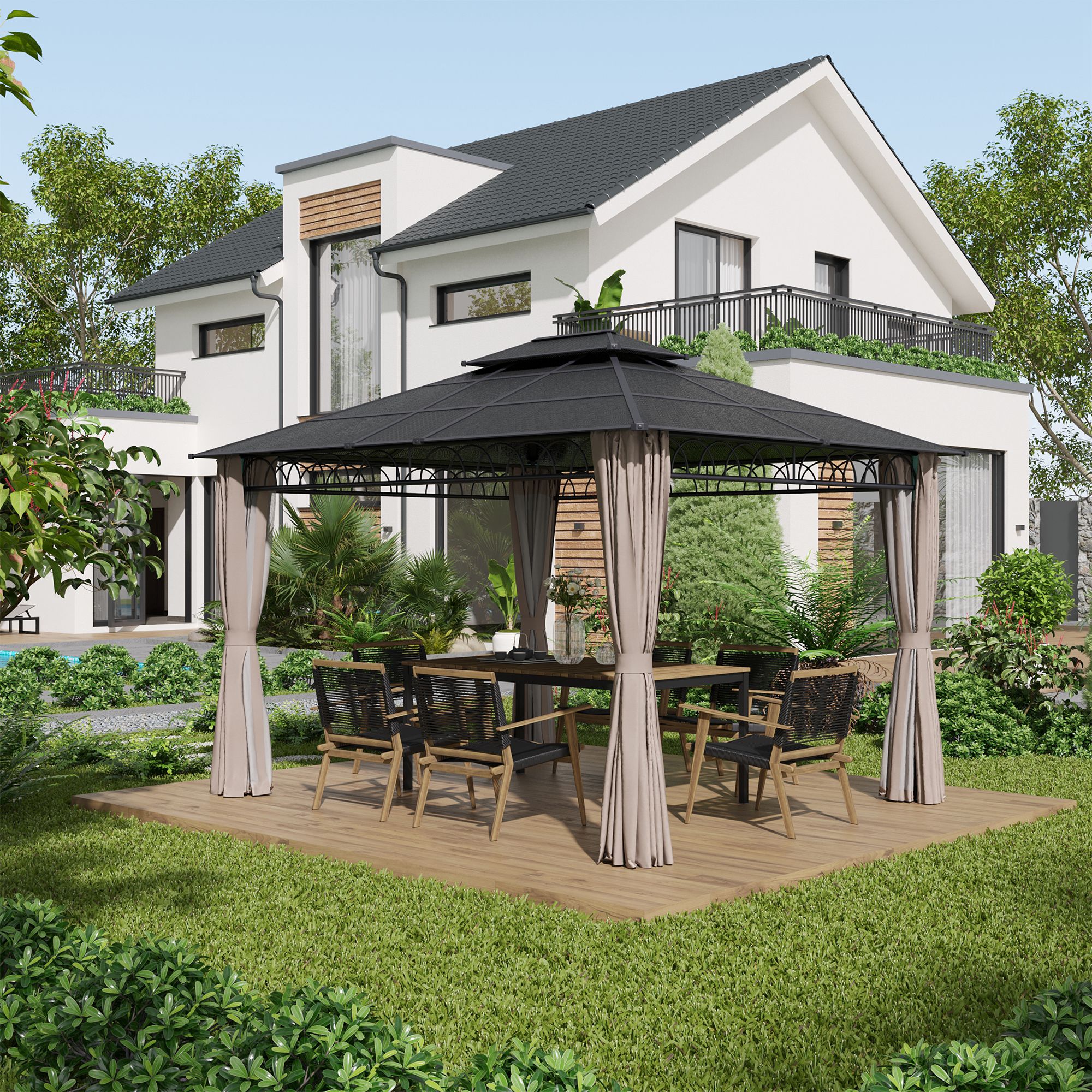 Pavillon de jardin tonnelle rigide rideaux métal gris polycarbonate noir - 4