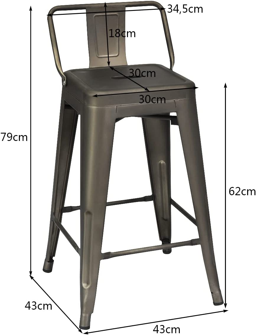 Set di 4 Sgabelli da Bar da 79 cm, Impilabile Sedie da Cucina Alto, in Metallo, con Schienale Rimovibile, Poggiapiedi, Design Industriale (Bro - 5