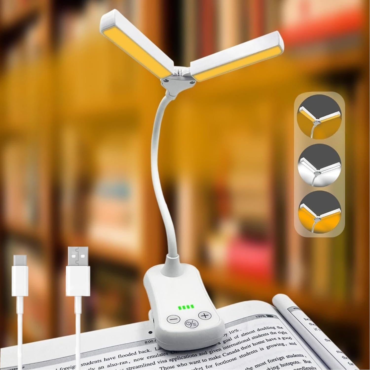 Luce di lettura bianca con clip, ricaricabile tramite USB,3modalità di