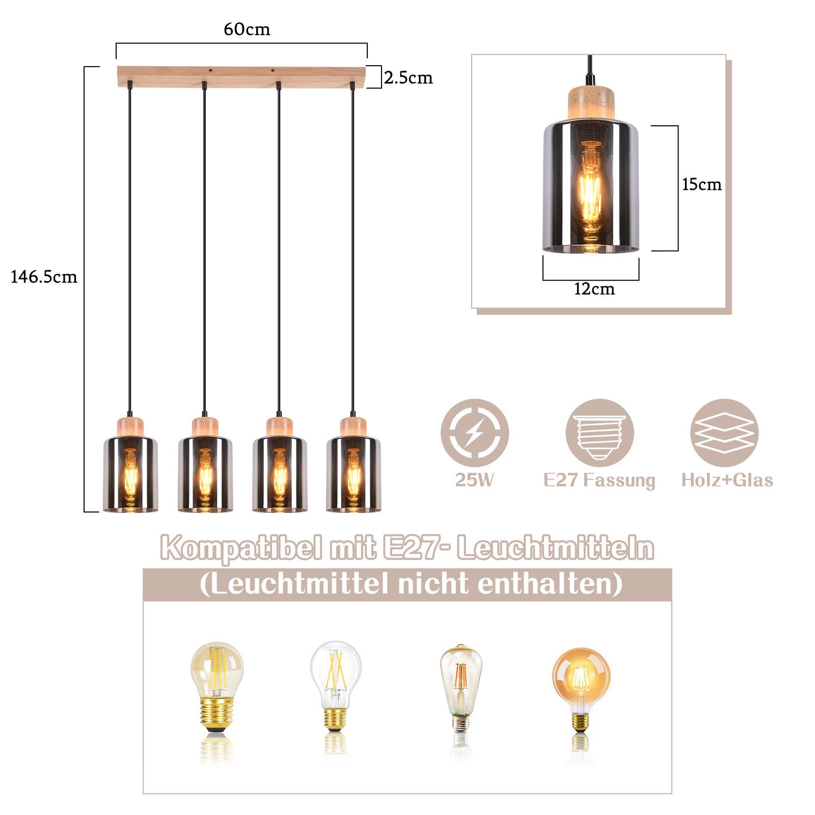Suspension NETTLIFE pour table à manger, lampe suspendue en verre, lampe de table à manger vintage, suspension en bois, 4 flammes en verre fumé, E27 - 3