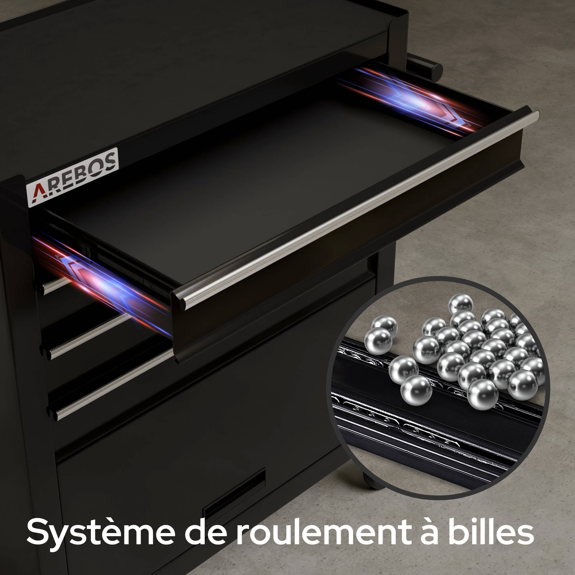 AREBOS Chariot d'Atelier Chariot à Outils 4 Tiroirs + Grand Compartiment Noir 4 roulettes Tapis antidérapants Construction Robuste - 3