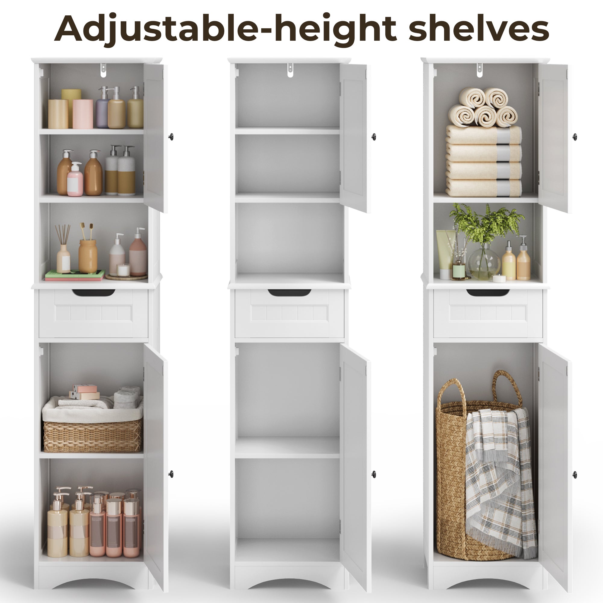 Bealife Mobile Colonna per Bagno con Ripiano con Piedistallo, Armadio Alto a 2 Ante, 1 Cassetto, 1 Ripiano Aperto e Ripiano Regolabile - 5