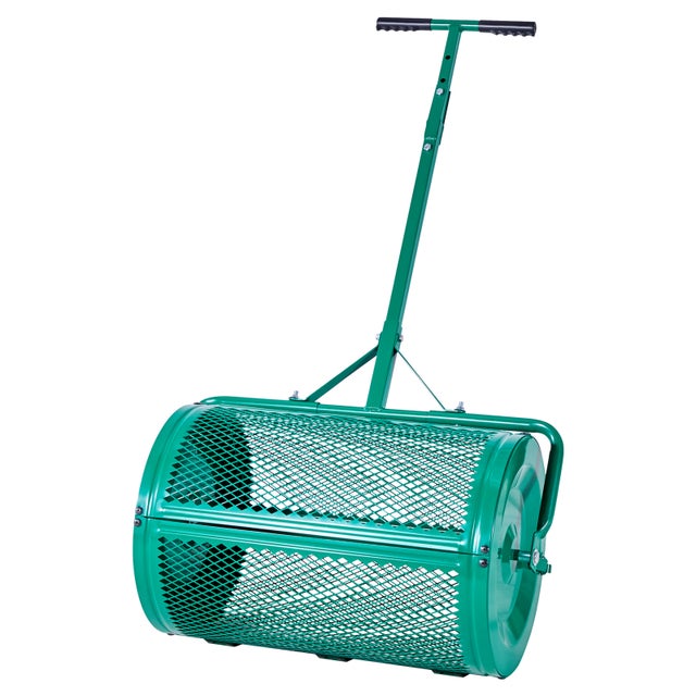 Épandeur de compost VEVOR, acier, 60 cm, à rouleau, poignée en T réglable, panier en maille, pour pelouses/terres agricoles, vert