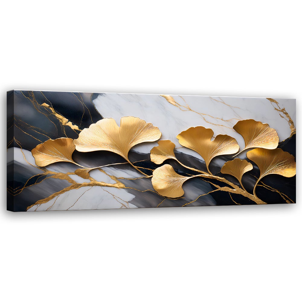 Obraz na płótnie, Kwiaty Ginko Botanika Marmur Szaro Złoty 150x50
