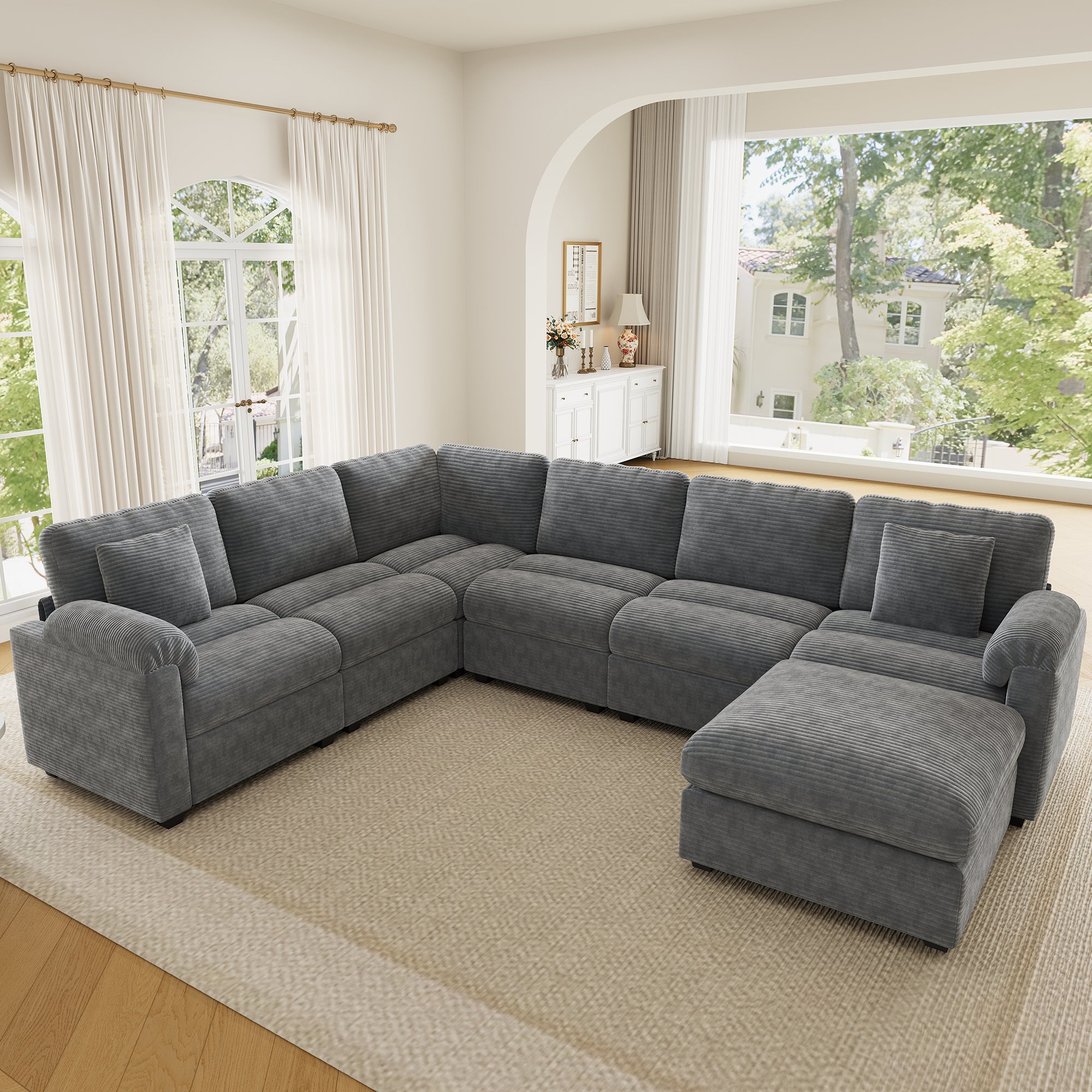 Canapé d’angle modulable 7 places 274,5x210,5x85,5 cm avec pouf + coussins, grand canapé salon, tissu velours côtelé, gris - 3