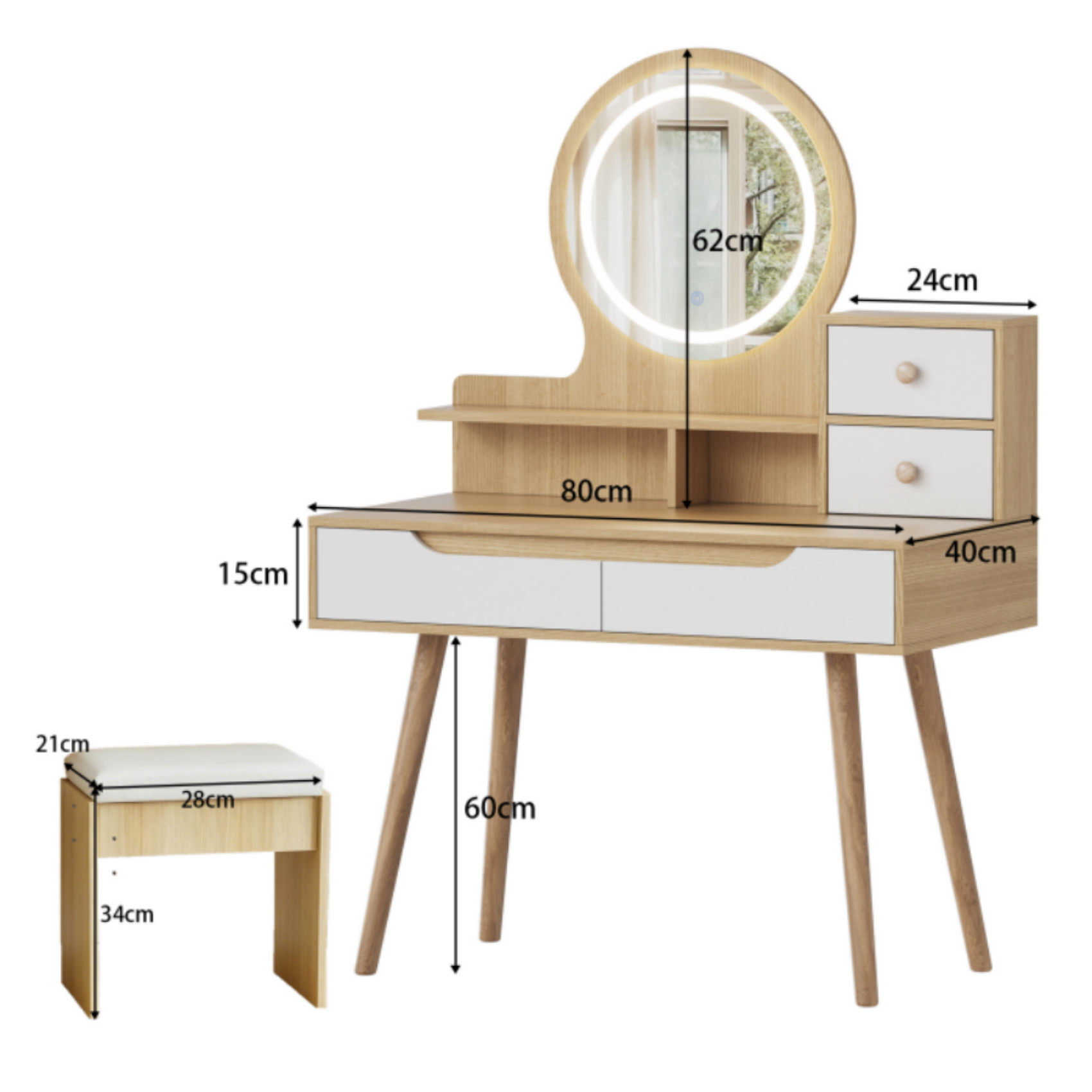 Coiffeuse，Avec miroir et éclairage LED，Lumière réglable，Avec tabouret inclus，Grande surface de travail，135 x 80 x 40 cm，Bois clair - 3