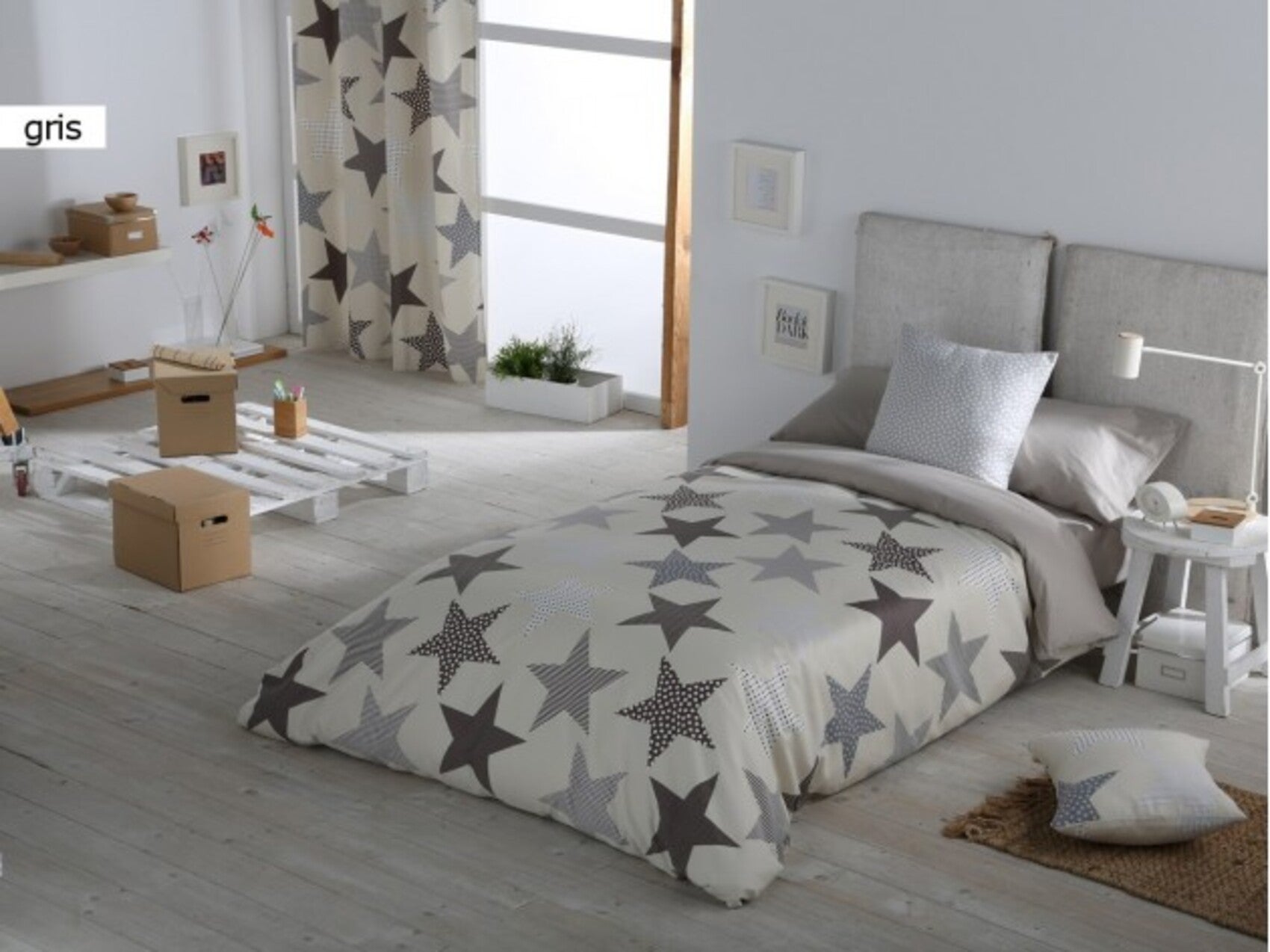 Juego de funda nórdica 3 piezas estrellas para cama de 105 cm color gris