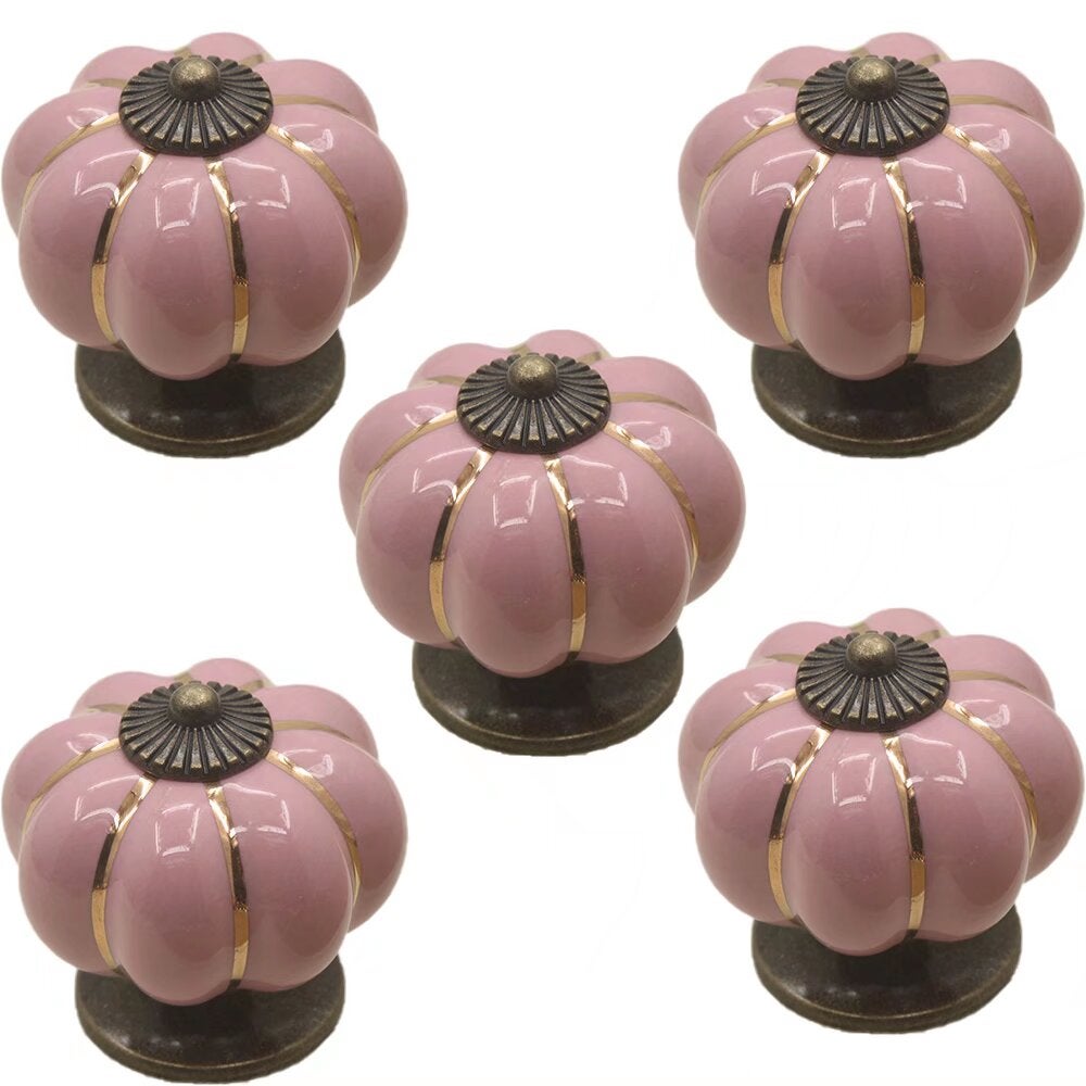 Zestaw 5 Kolorowych Ceramicznych Gałek do Szafek w Kształcie Dyni na Halloween, do Szafy, Drzwi, Komody, Szuflady, Mebli, Szafek (różowe)