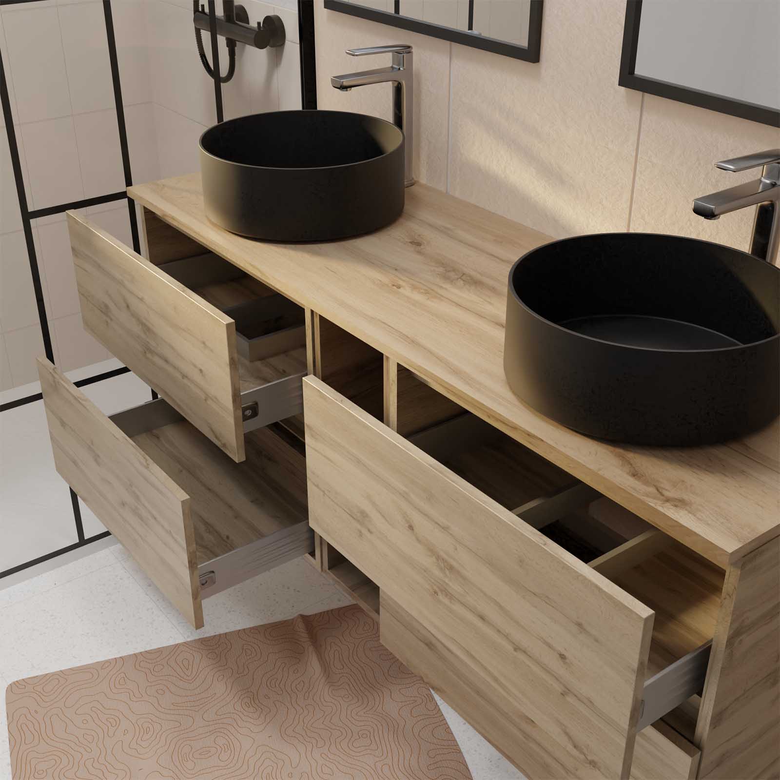 Meuble Salle de Bains 140 TIMBER Décor Chêne 4 Tiroirs et Module 2 Vasques Noires 2 Miroirs 60x80 - 2