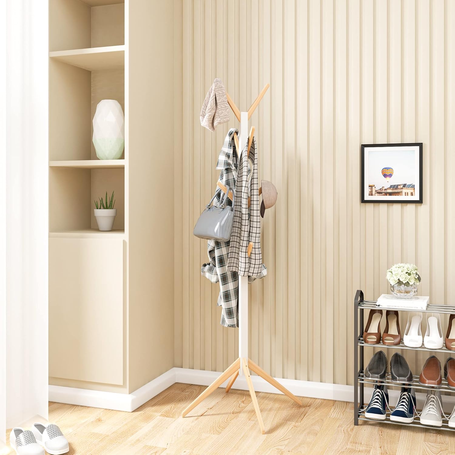 WOLTU Porte-manteau sur pied en bois massif, En forme d’arbre avec 8 crochets, 180 cm, Nature+Blanc - 3