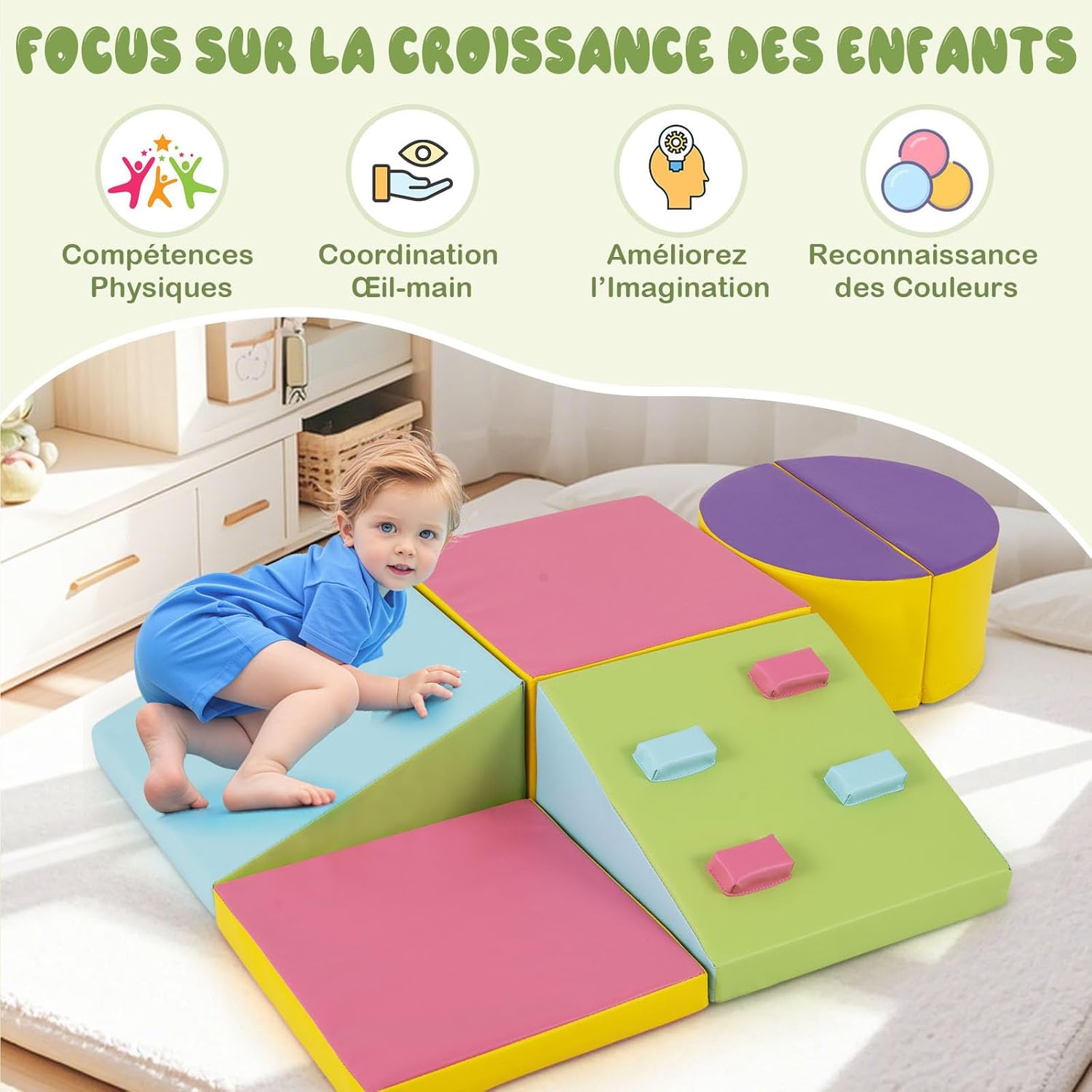 6 pcs Parcours Motricité Bébé en Mousse EPE, Module Motricité Bébé à Différentes Formes & Couleurs, pour 1 Ans+, pour Ramper/Grimper (Multicolore) - 4