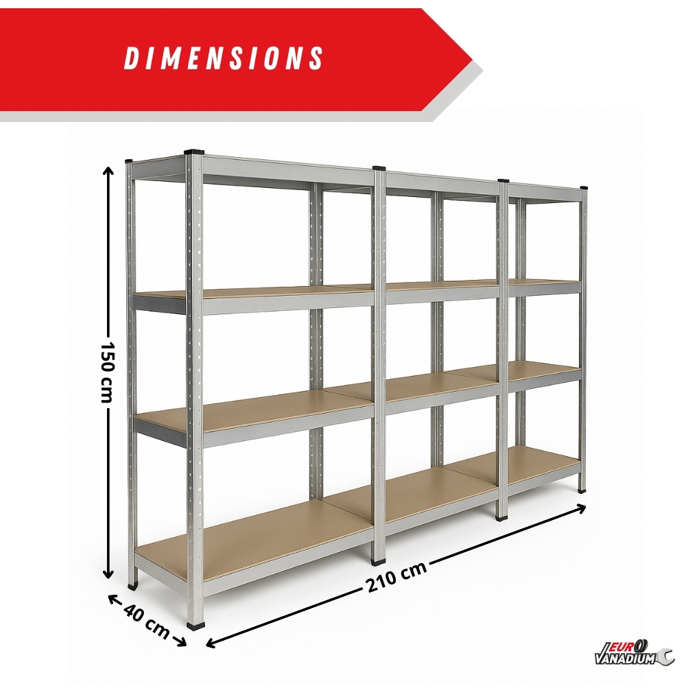 Triple étagère charges lourdes - 2M10 de long -12 plateaux - 210 X 150 - 40 cm - Gris - 5