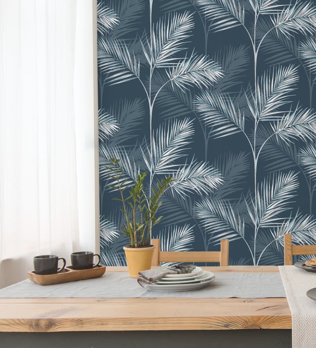Papier peint lessivable feuilles de palmiers tropicaux blanc et bleu - Hawaii Palms 680914 de GAULAN - Rouleaux de 10 m x 0,53 m