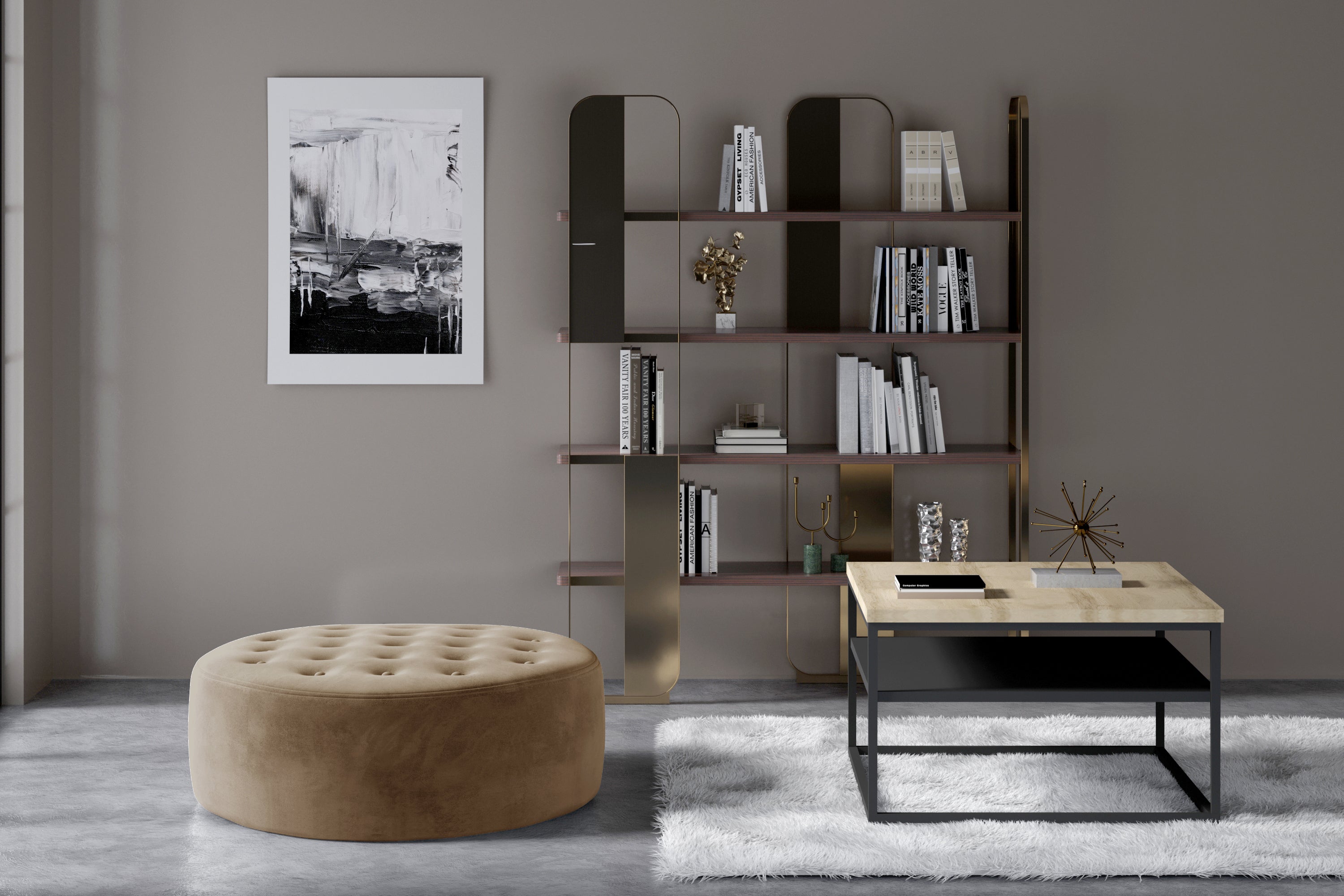 Pouf rond matelassé velours marron clair Styla 70cm - 2