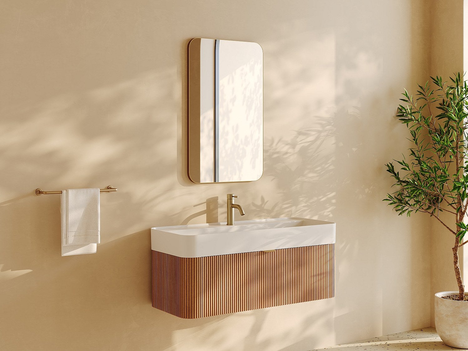 Wisząca szafka łazienkowa z prążkowanego drewna jesionowego z umywalką podblatową do zabudowy, baterią i lustrem - Jasny naturalny - 100 cm - BULMAS