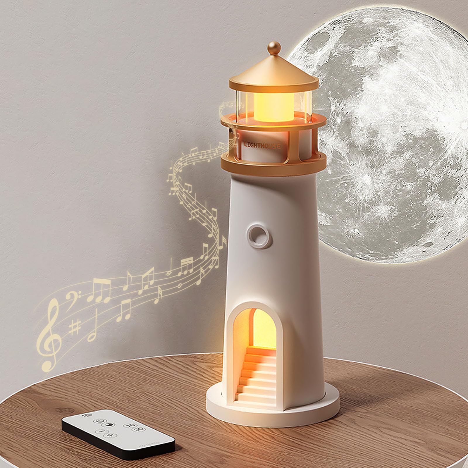 Lampe Décorative Phare Avec Projection Lune & Bluetooth – Veilleuse Télécommandée Pour Chambre Enfant Ou Salon