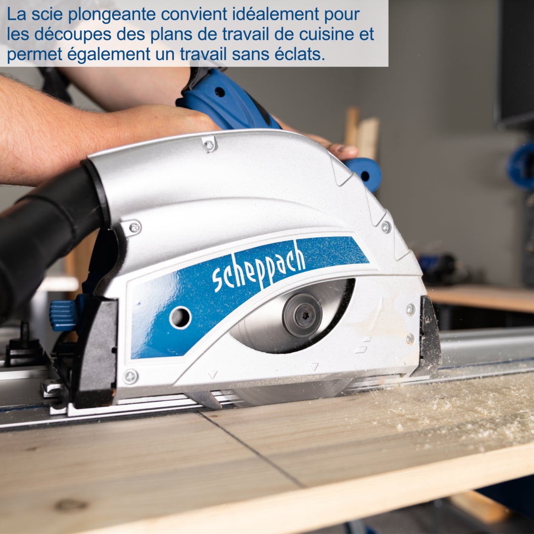 Scheppach Scie plongeante PL55 – 230 V – 1200 W – Profondeur de coupe 55 mm – Joint creux 16 mm – Inclinaison de 0° à 45° – 2 rails de guidage inclus - 5