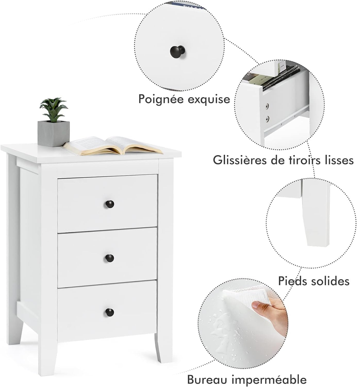 Juego de 2 Mesitas de Noche de Madera, Mesa de Noche con 3 Cajones de Almacenamiento Espaciosos, Mueble de Almacenamiento Moderno para Dormitorio - 6