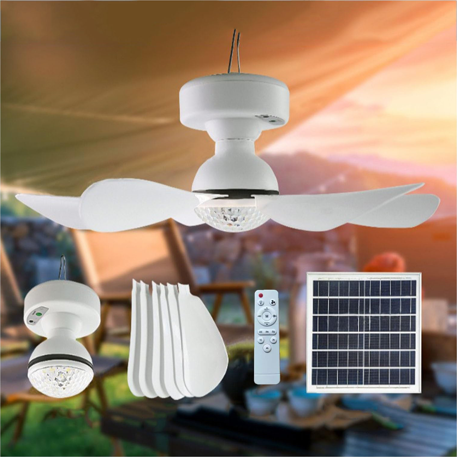 Ventilador de techo portátil y extraíble, carga solar, con mando a distancia, 12 w, tres velocidades, luz cálida y luz blanca.