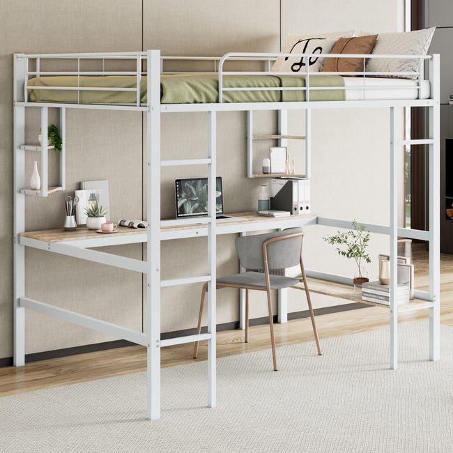 Lit Mezzanine 140x200 Sommier Inclus et Bureau Vipack Pino - Blanc Lit Mezzanine 140x200 Sommier Inclus et Bureau Vipack Pino - Blanc
