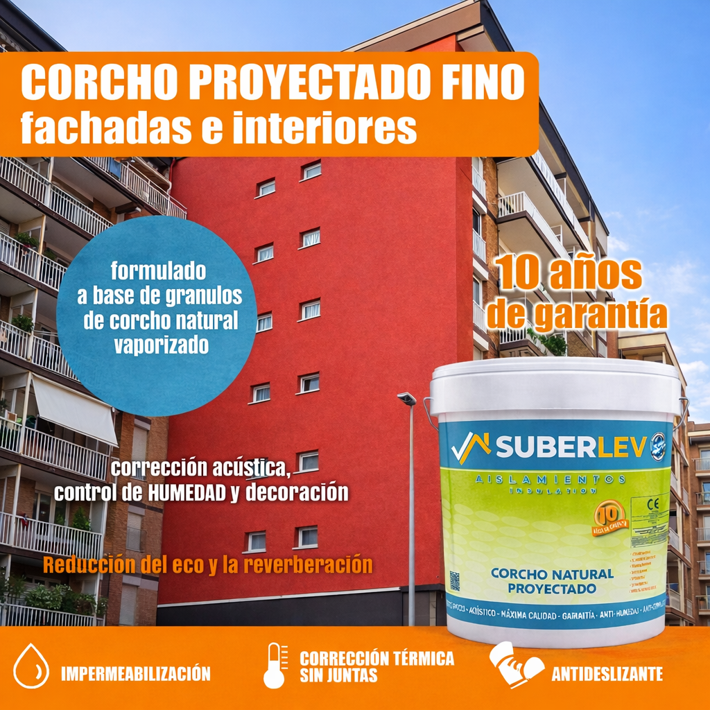 Corcho Proyectado Fino SUBERLEV Aislante Natural Interior Fachadas Térmico Decorativo 12Kg CP-27 (10 Años Garantía) - 3