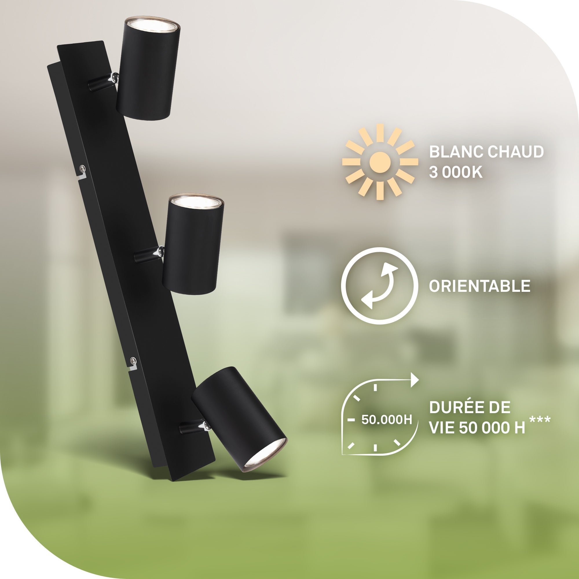 Spot LED 3-flammes - Classe d'efficacité énergétique A - IP20 - 450x80x125mm - Noir - 3.000K - 3x2W / 450lm - Briloner - 2