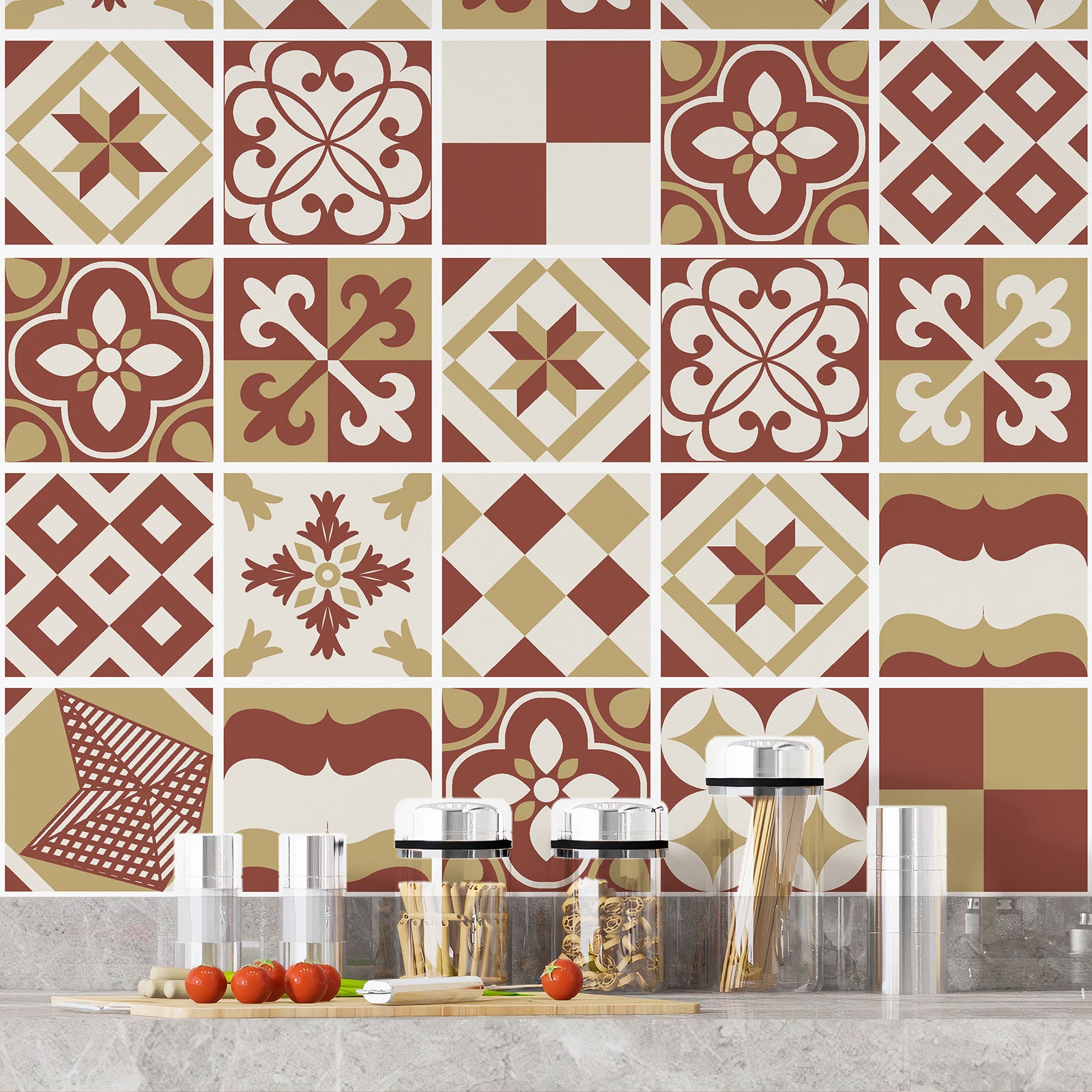 Crédence adhésive sticker décoratif pour cuisine - Effet carreaux de ciment - Adhésif + Protection BRILLANTE - 60x60 cm - 4