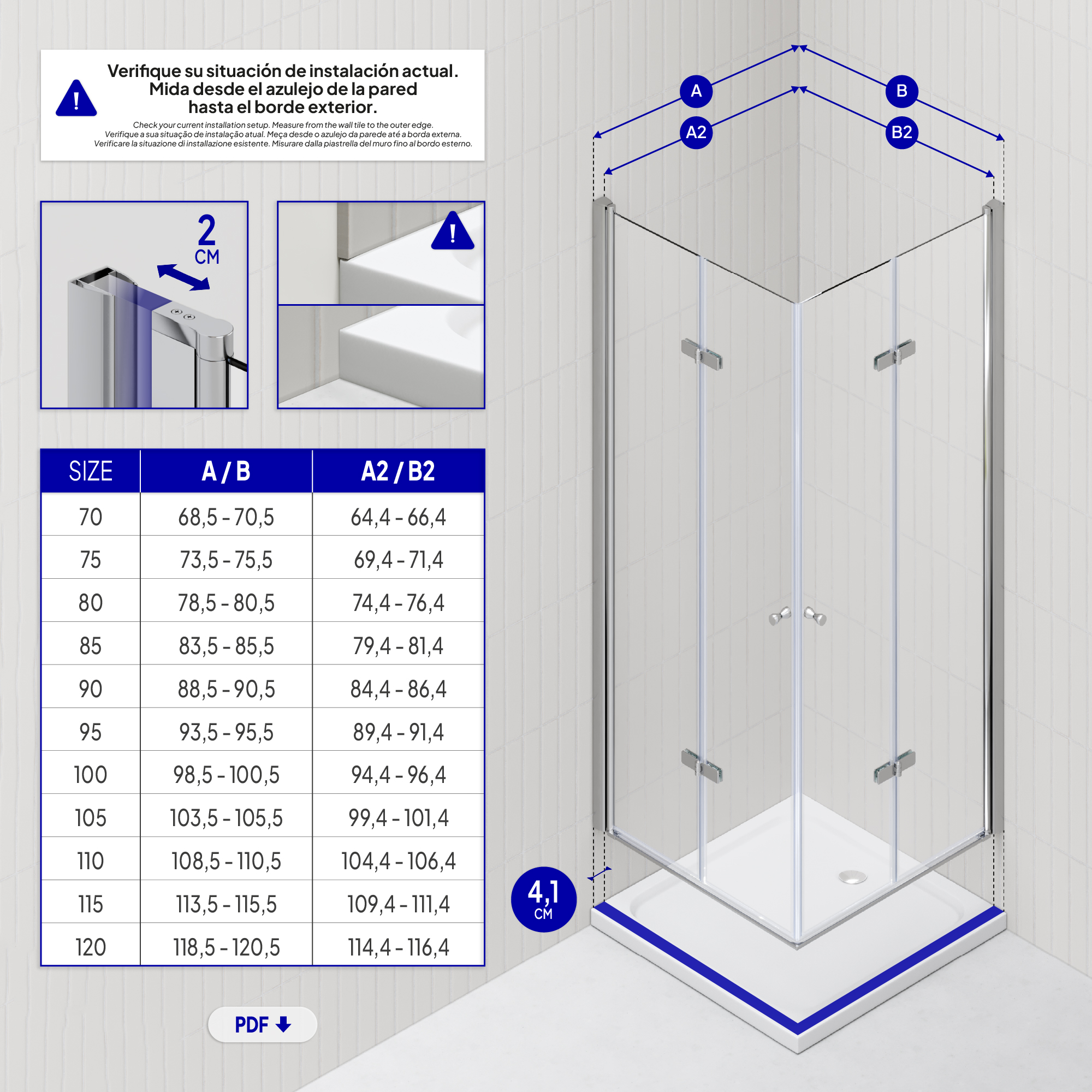 Box Doccia Emma 90x90x180cm, REVERSIBILE, Porte Pieghevoli, Regolazione 88.5-90.5x88.5-90.5cm, Profili Cromati, Vetro Temperato Trasparente 6mm - 6