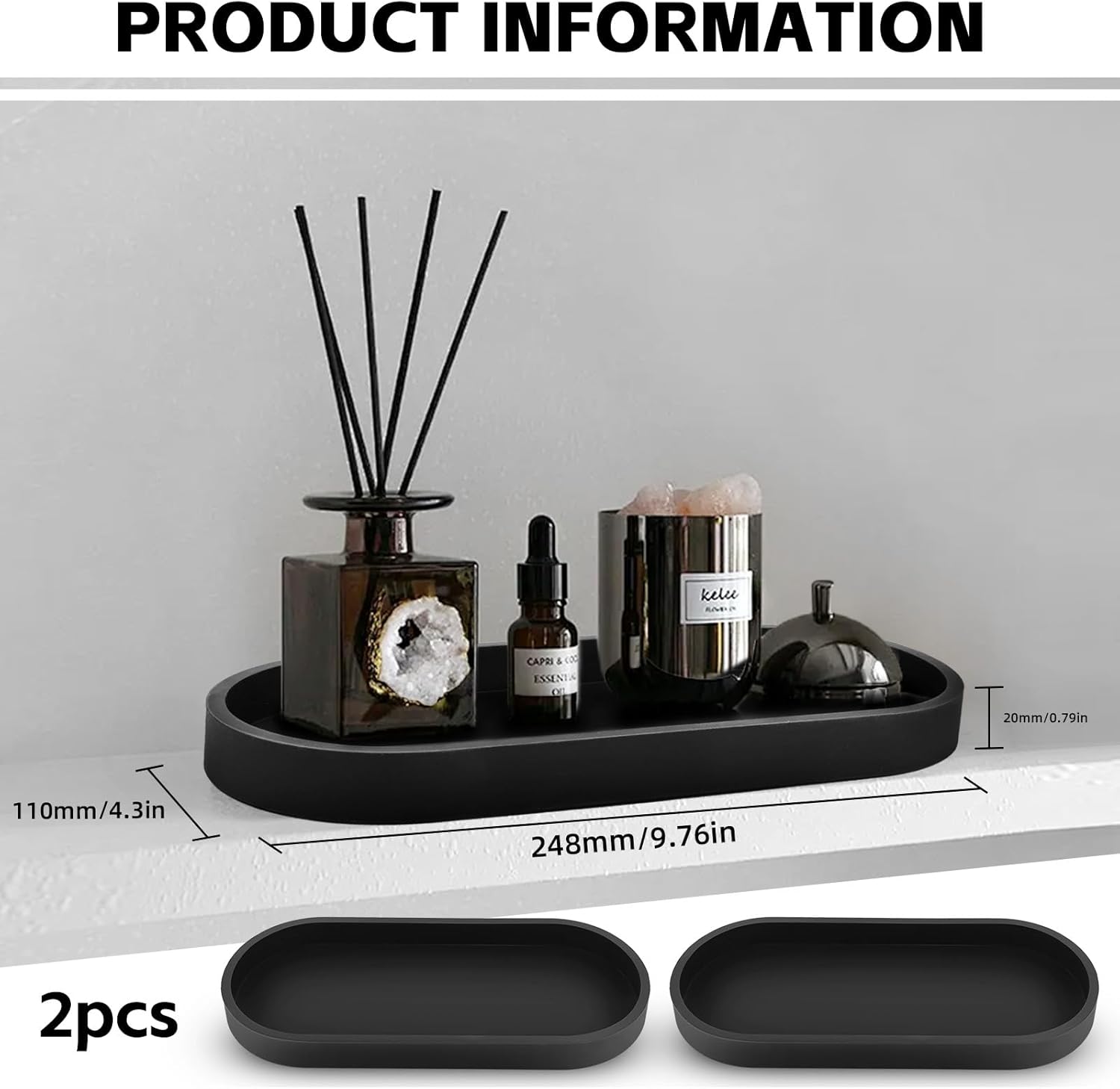 2 Vassoi Da Bagno In Resina - Ovali, 25x11x2 Cm, Nero, Organizzatore Per Lavandino - Foto 4