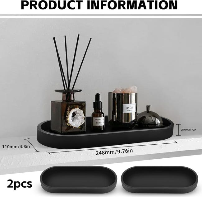 2 Vassoi Da Bagno In Resina - Ovali, 25x11x2 Cm, Nero, Organizzatore Per Lavandino - Foto 4