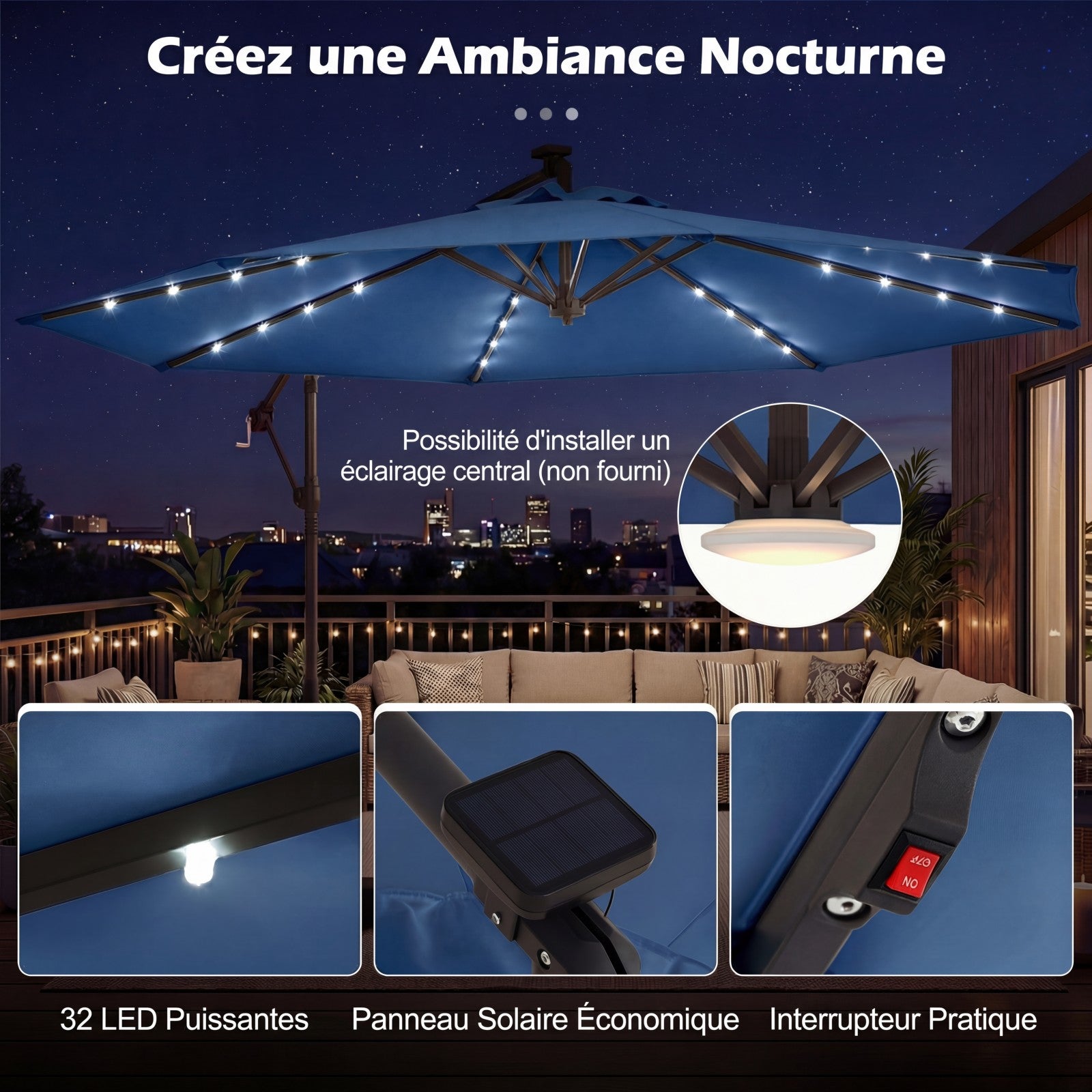Parasol Déporté 3 x 3M, Parasol de Jardin Extérieur avec Lumière Solaire, Rotation 360°, 8 Baleines en Métal, Toit de Ventilation, 2 Sacs, Bleu - 6
