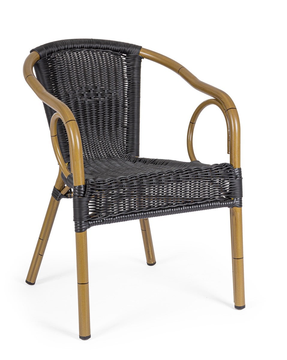 Krzesło "CALA" Ciemne z podłokietnikami, z aluminium, splot z włókien syntetycznych