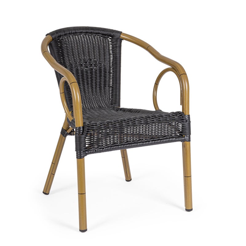 Krzesło "CALA" Ciemne z podłokietnikami, z aluminium, splot z włókien syntetycznych