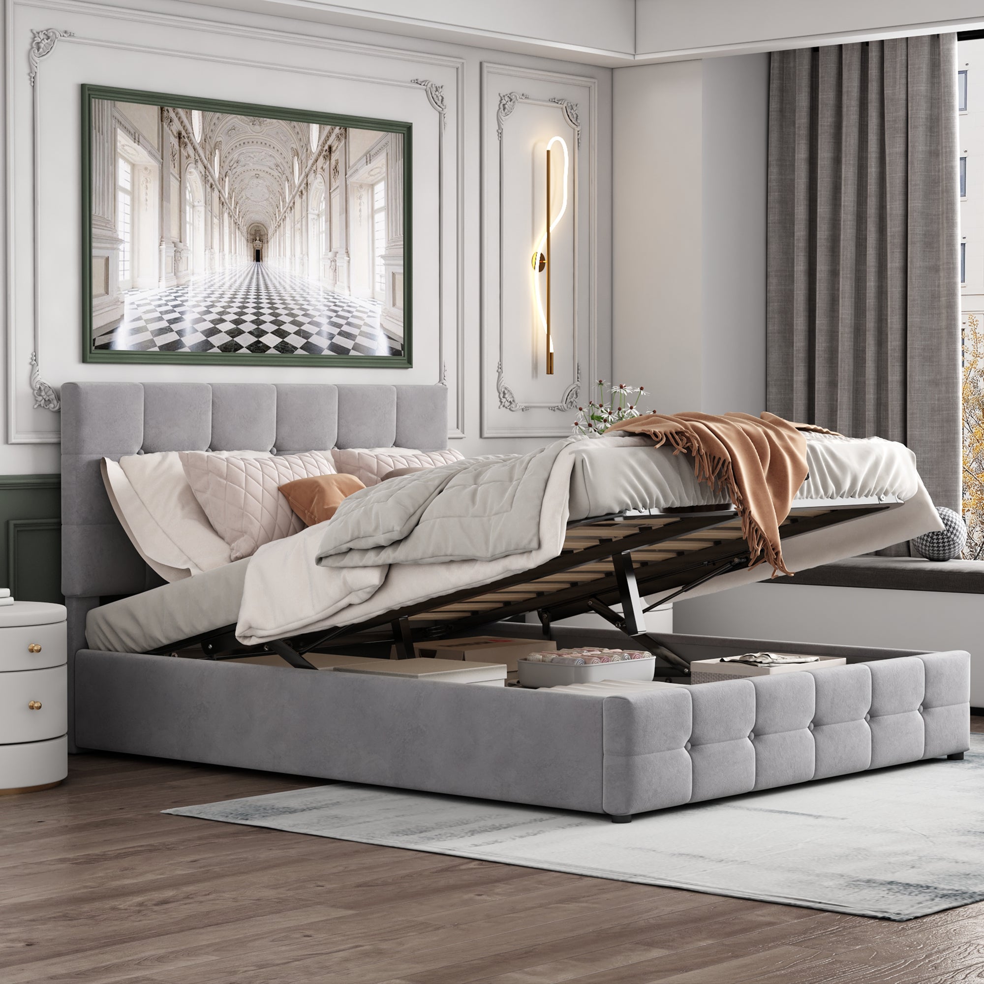 Lit Double Velours CapitonnÉ Gris 140x200 – Tête De Lit Moelleuse, Sommier à Lattes 300 Kg, Style Moderne Chic