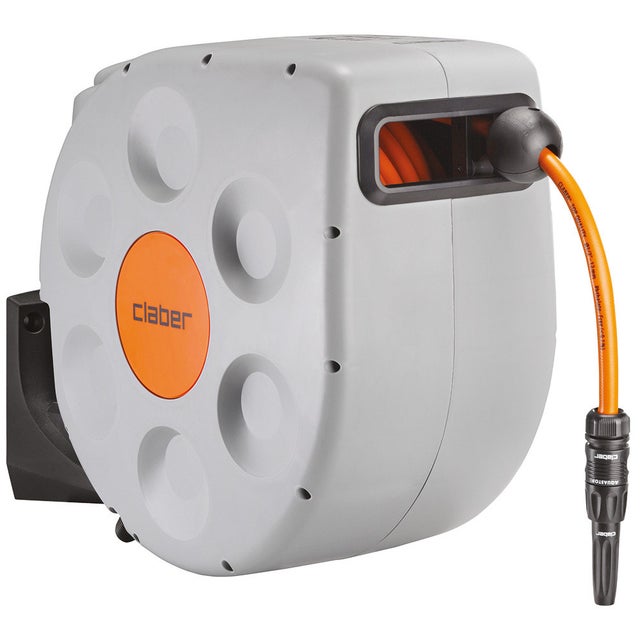Claber Rotoroll Evolution 30 m, Soporte portamanguera automático para montaje mural provisto de Slow Rewind