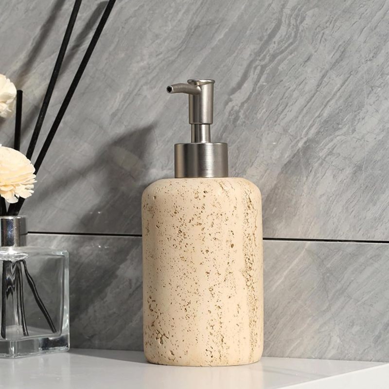 Distributeur savon pierre beige&nbsp;: Effet marbre, rechargeable, pour shampoing/gel hydroalcoolique, déco salle bain. - 6