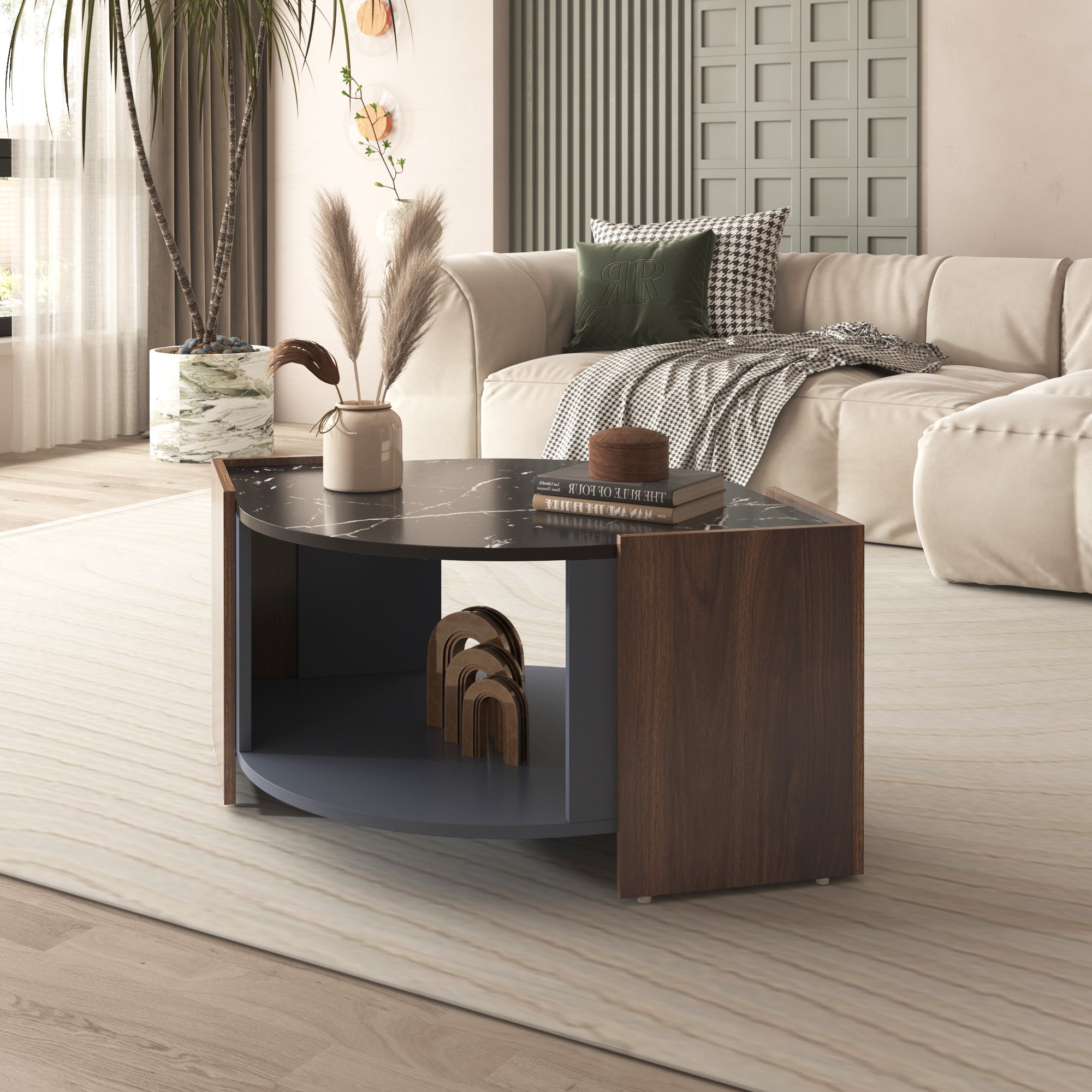 Table basse moderne multifonction effet marbre et noyer, table de salon au design contrasté avec lignes uniques, style élégant, 100x60x40cm, Marron - 2