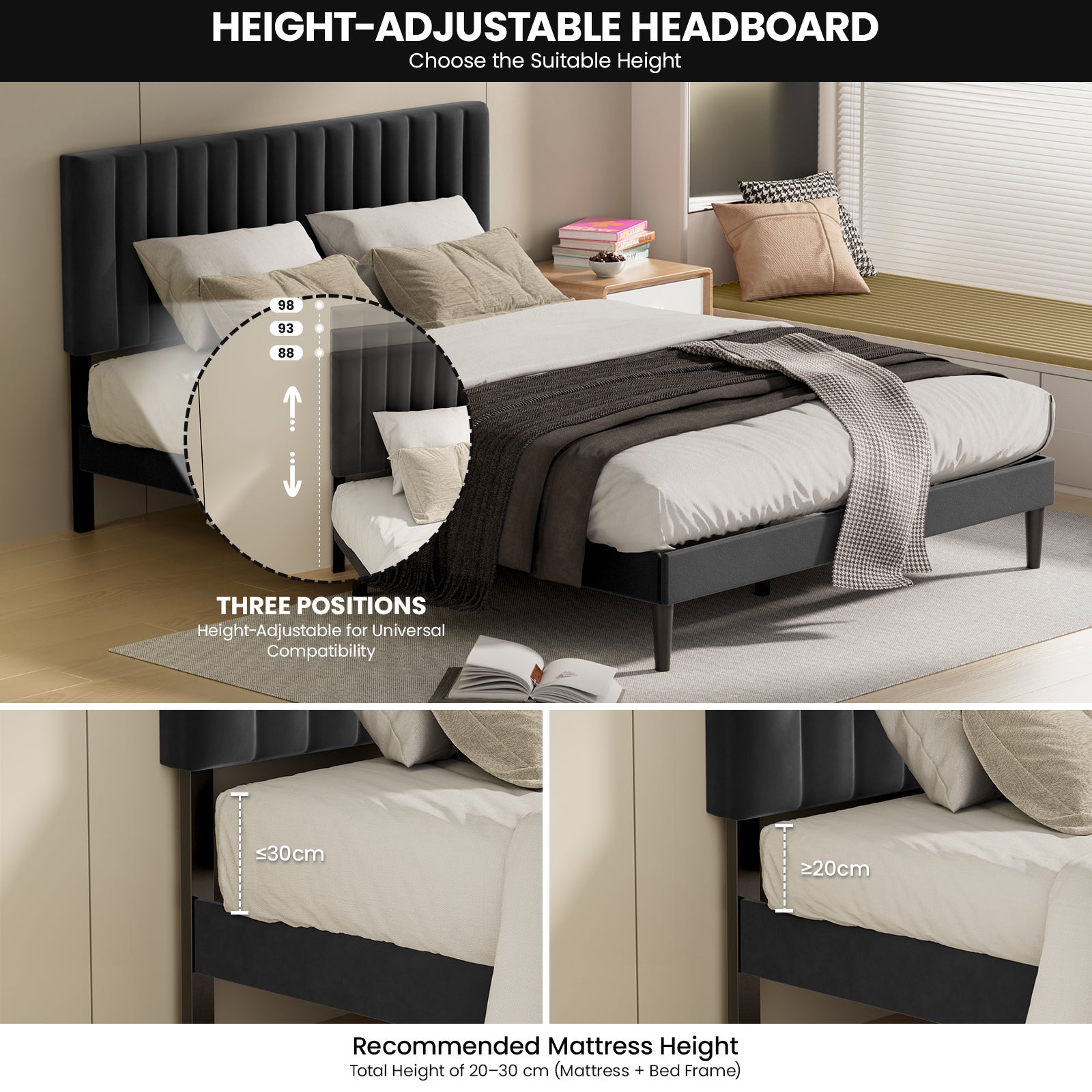 Estrutura De Cama 140x190 Cm, Cama De Casal Estofada Preta, Espaço De Arrumação Debaixo Da Cama, Design Silencioso, Fácil De Montar - 5