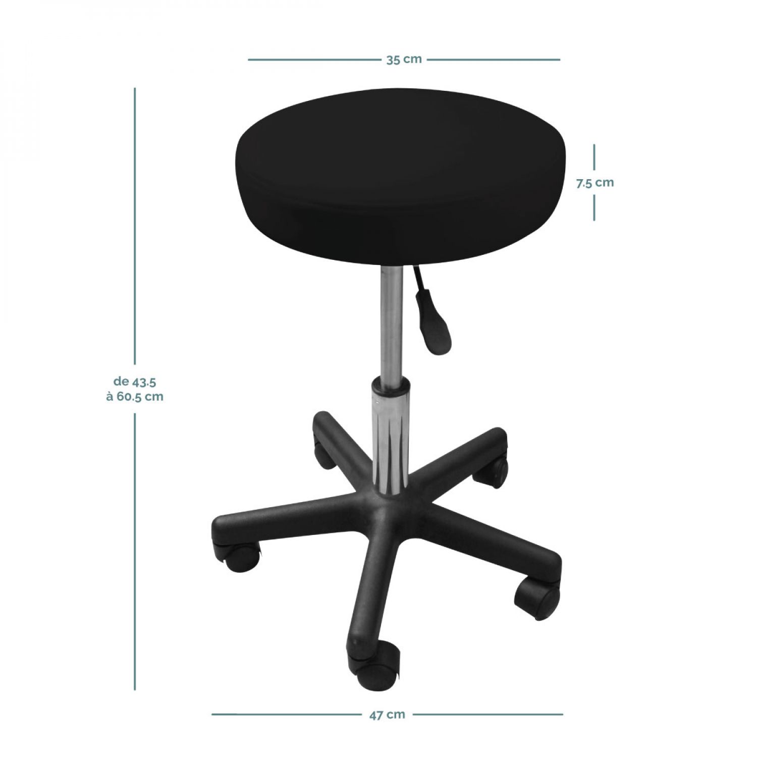 Tabouret rond à roulettes réglable en hauteur de 43.5 à 60.5 cm et pivotable à 360° - Noir - Vivezen - 2