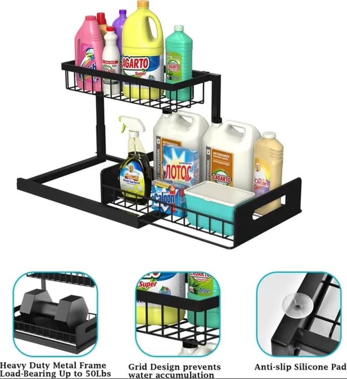 1 pièce d'étagère de rangement sous évier, étagère de rangement coulissante à 2 niveaux, étagère pour évier, organiseur pour armoire blanche - 6