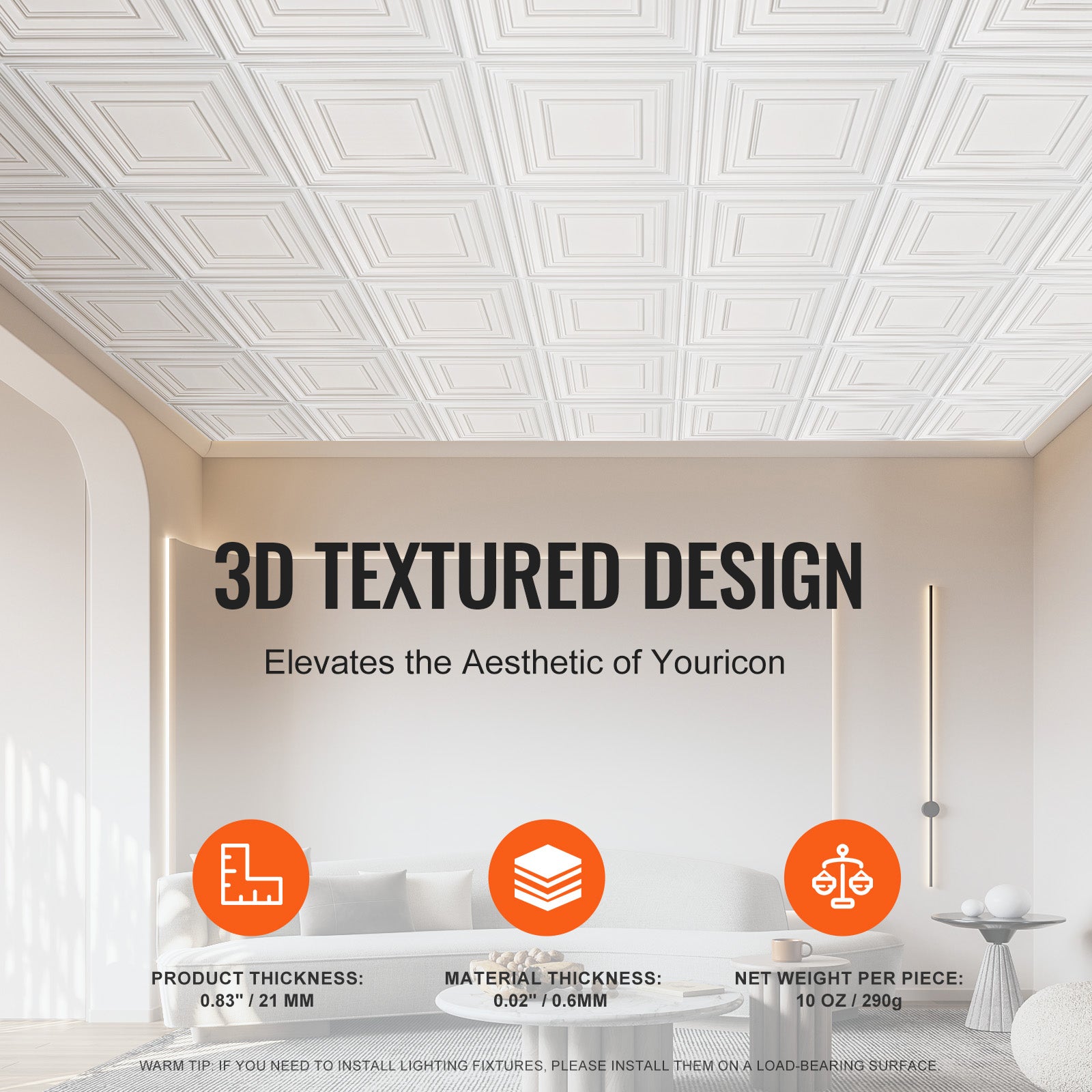 Dalles de Plafond PVC VEVOR, Lot de 12, Plaques Décoratives 605 x 605 mm à Coller, Revêtement Blanc Texturé 3D - 4
