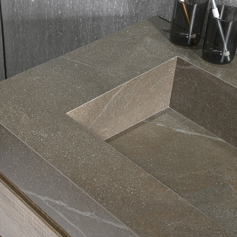 Meuble salle de bain double vasque 120cm bois et effet marbre marron avec miroir LED LB-8512M-120 - 7