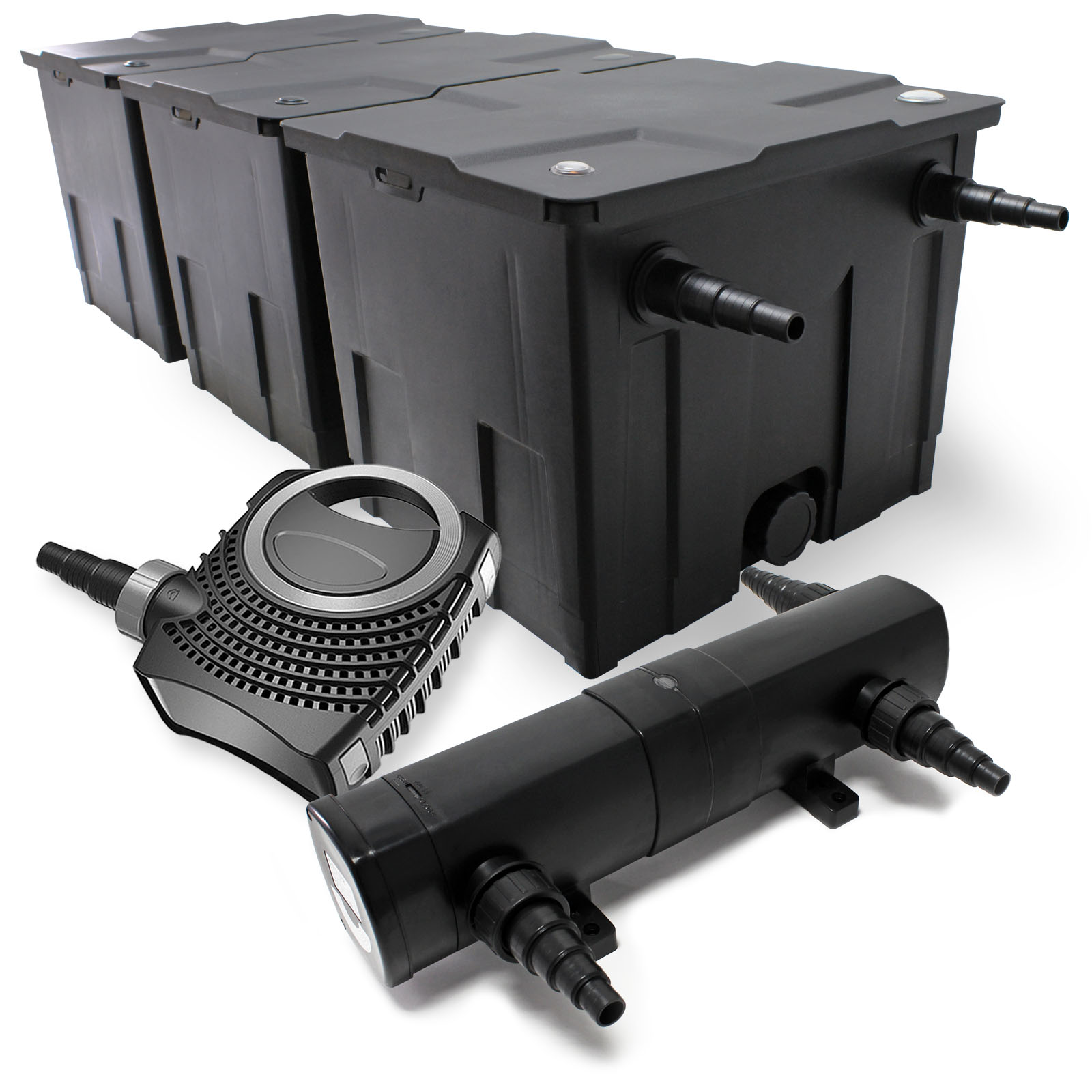 Set Filtro A 3 Camere SunSun 90000l Chiarificatore UVC 36W Pompa NEO10000 80W Tubo Fontana Skimmer 91986767